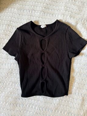 Garage Black Ribbed Short Sleeve Top with Front Loop Cutouts